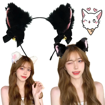 Kawaii Kedi Kulak İlmek Hairband Bells ile Kadın Karikatür Peluş Kürklü Kedi Kulaklar Kafa Bandı Kızlar Masquerade Parti Cosplay Şapkalar
